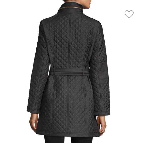 Michael Kors Ladies Quilted Trench Coat Black Large Gold Belted Hooded Jacket - Picture 2 of 16